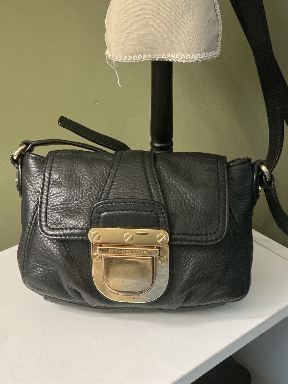 MICHAEL Michael Kors Small Black Leather Crossbody with Gold Push-Lock